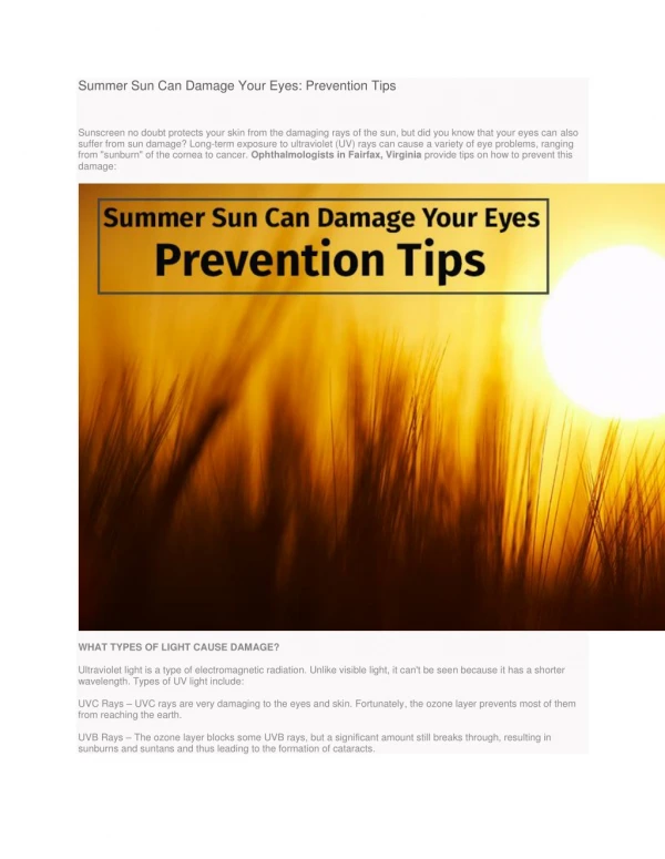 Summer Sun Can Damage Your Eyes: Prevention Tips