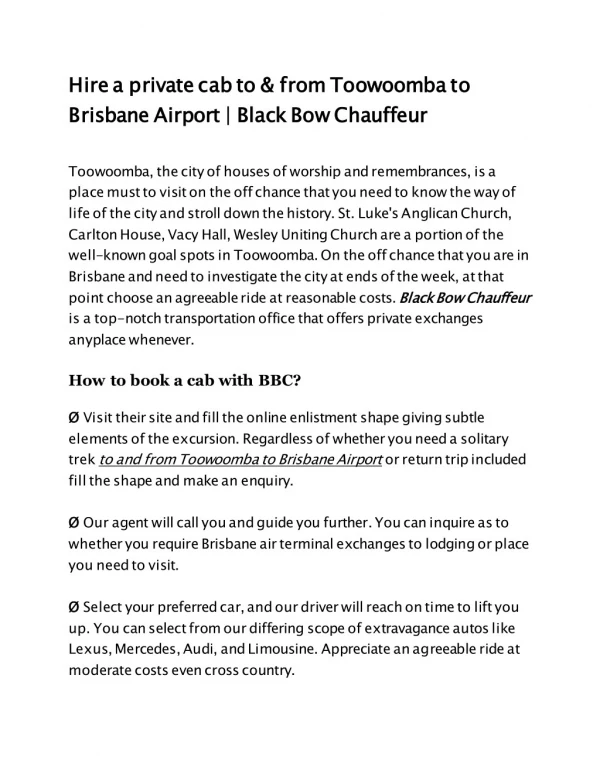 Private cab to & from Toowoomba to Brisbane Airport | Black Bow Chauffeur