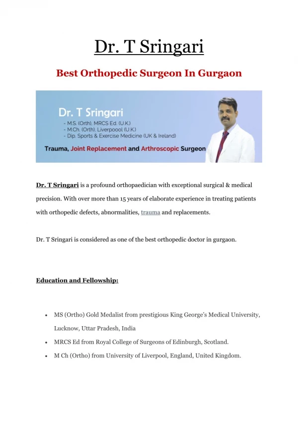 Best Orthopedic Surgeon in Gurgaon | Dr. T Sringari