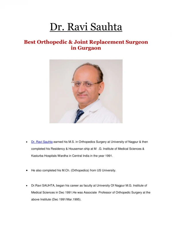Best Orthopedic & Joint replacement Surgeon in Gurgaon | Dr. Ravi Sauhta