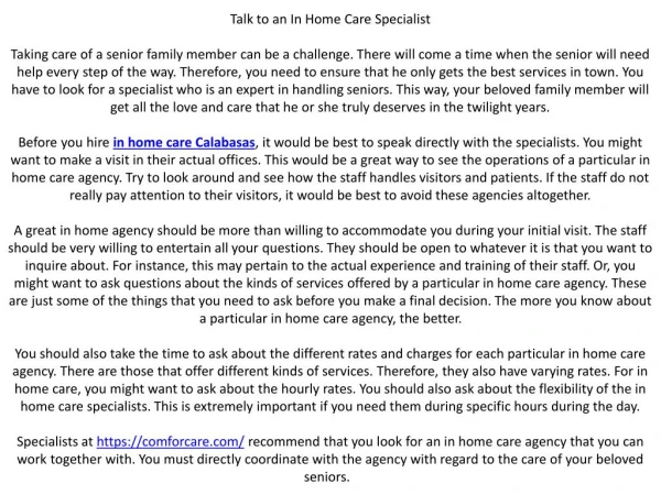Talk to an In Home Care Specialist