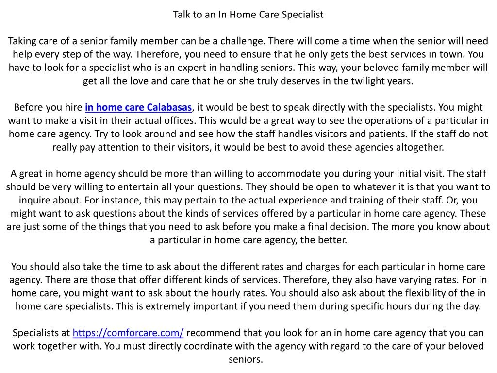 talk to an in home care specialist taking care