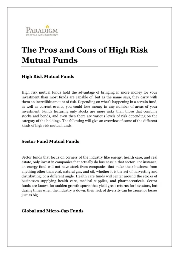 The Pros and Cons of High Risk Mutual Funds