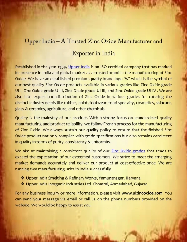 Zinc Oxide Manufacturer and Exporter in India