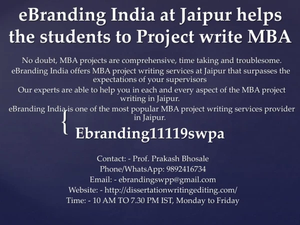 eBranding India at Jaipur helps the students to Project write MBA