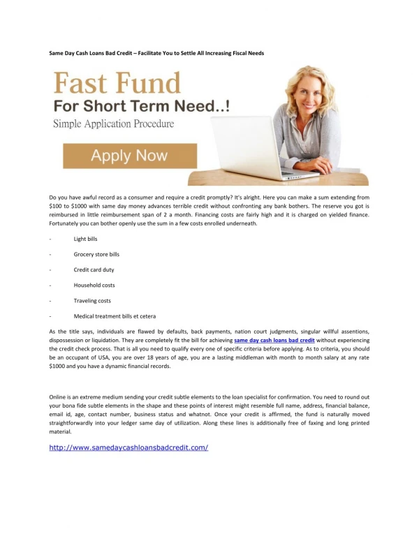 Same Day Cash Loans Bad Credit – Facilitate You to Settle All Increasing Fiscal Needs