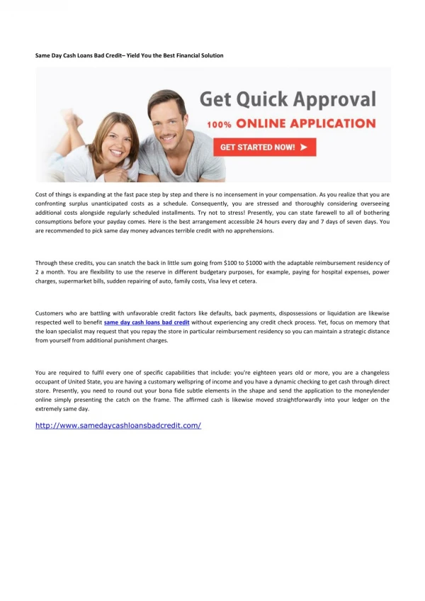 Same Day Cash Loans Bad Credit– Yield You the Best Financial Solution