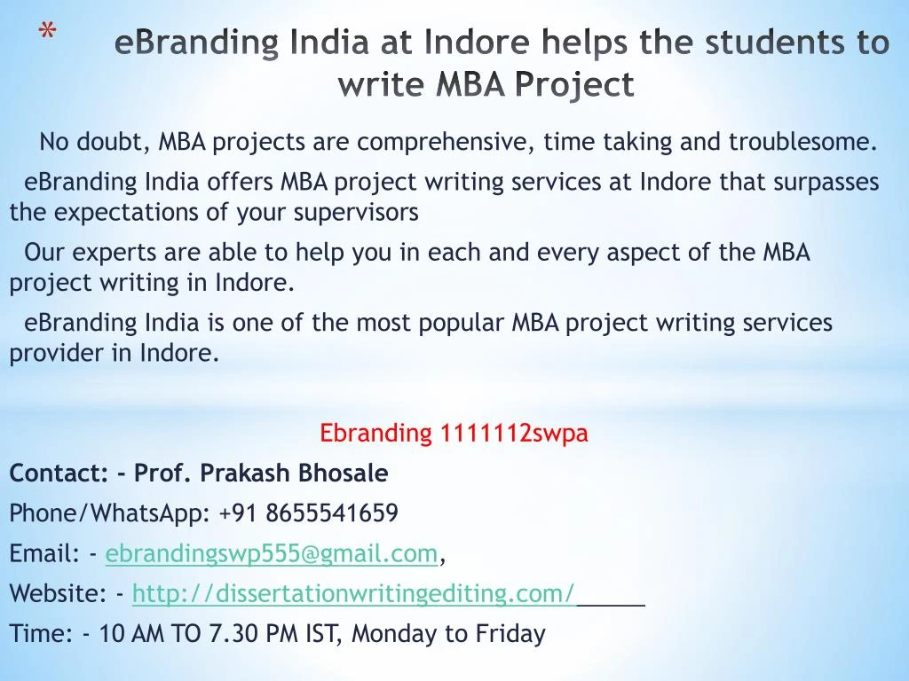 ebranding india at indore helps the students to write mba project