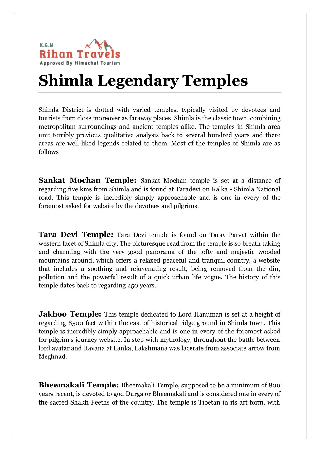 shimla legendary temples