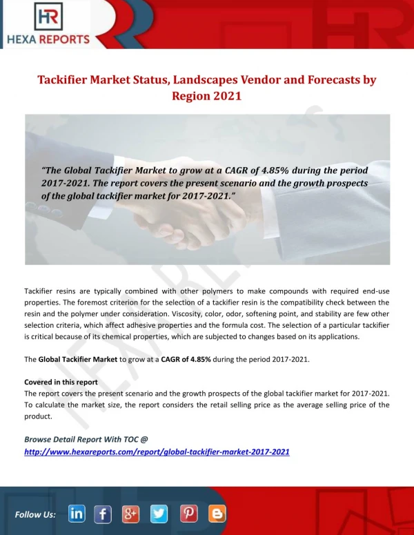 Tackifier Market Status, Landscapes Vendor and Forecasts by Region 2021