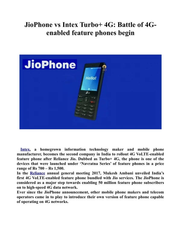 JioPhone vs Intex Turbo 4G: Battle of 4G-enabled feature phones begin
