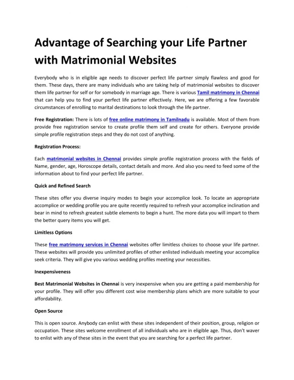 Advantage of Online Free Matrimonial Sites in Chennai