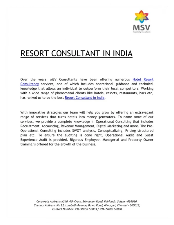  Resort Consultant in India