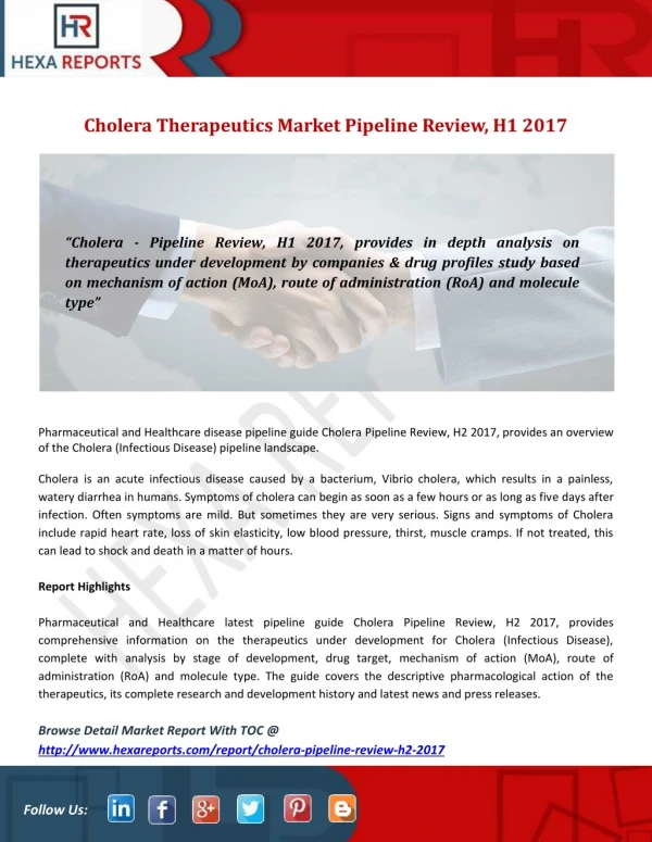 Cholera Therapeutics Market Pipeline Review, H1 2017
