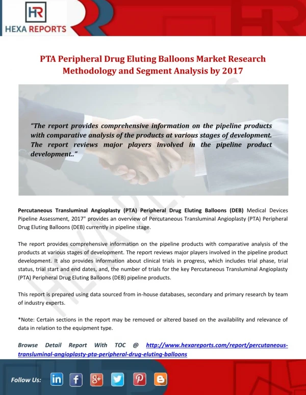PTA Peripheral Drug Eluting Balloons Market Research Methodology and Segment Analysis by 2017