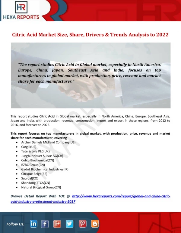 Citric Acid Market Size, Share, Drivers & Trends Analysis to 2022