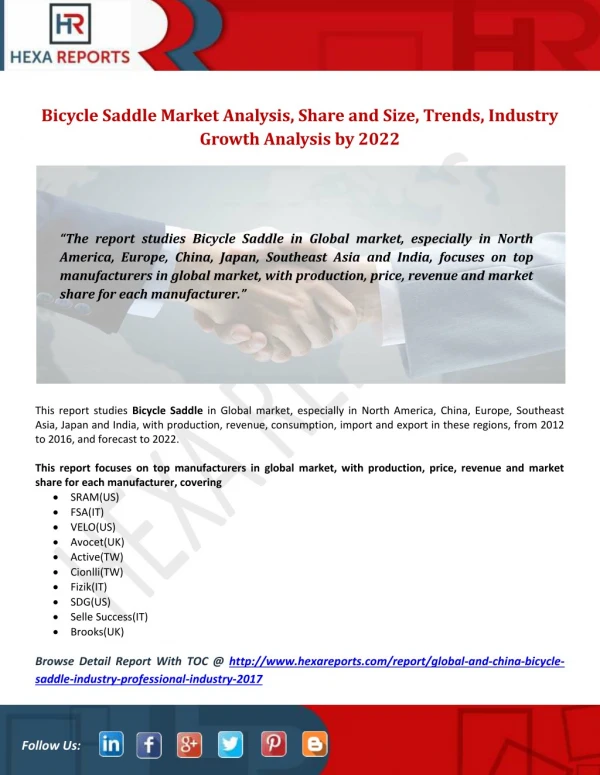 Bicycle Saddle Market Analysis, Share and Size, Trends, Industry Growth Analysis by 2022