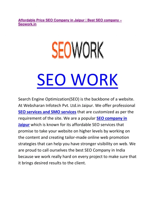 Affordable Price SEO Company in Jaipur | Best SEO company – Seowork.in