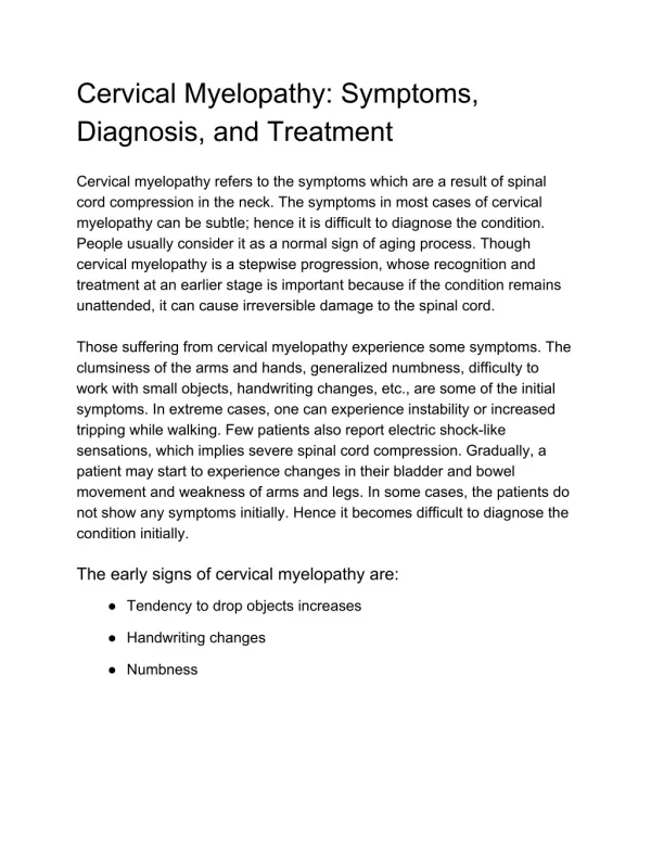 Cervical Myelopathy: Symptoms, Diagnosis, and Treatment