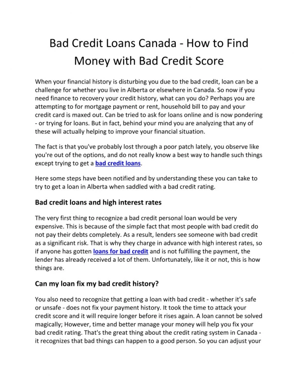 Bad Credit Loans Canada - How to Find Money with Bad Credit Score