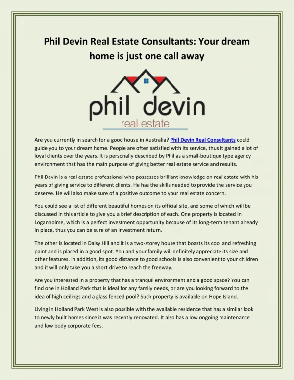Phil Devin Real Estate Consultants: Your dream home is just one call away