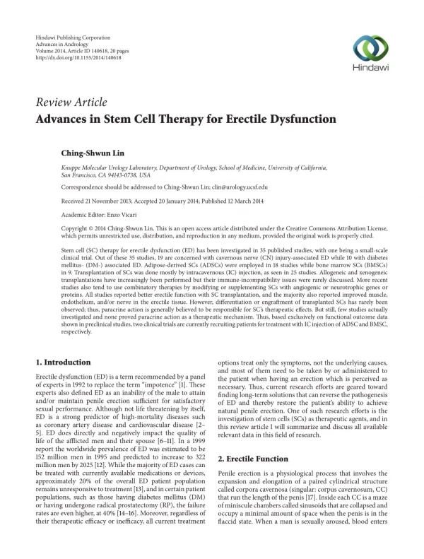 Advances in Stem Cell Therapy for Erectile Dysfunction