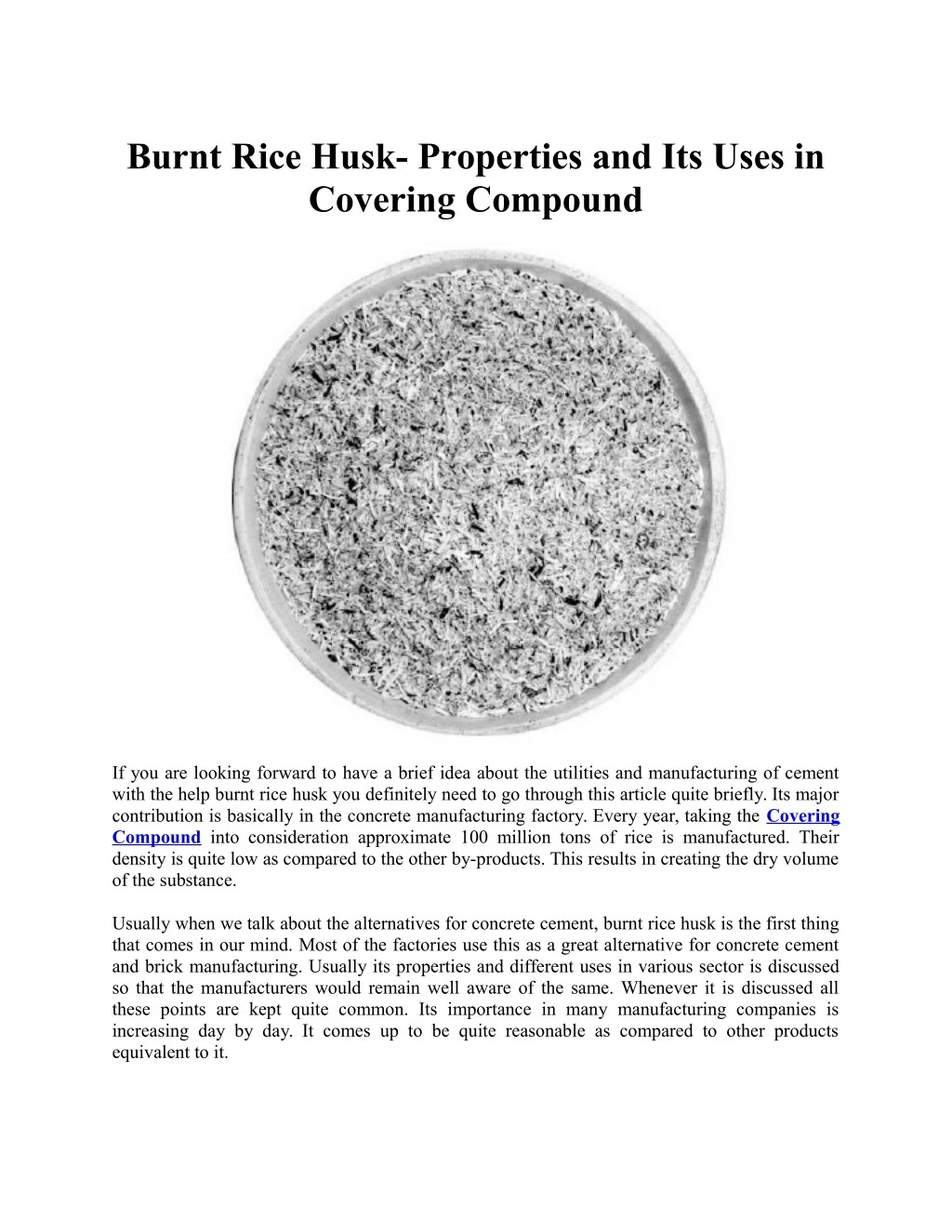 burnt rice husk properties and its uses