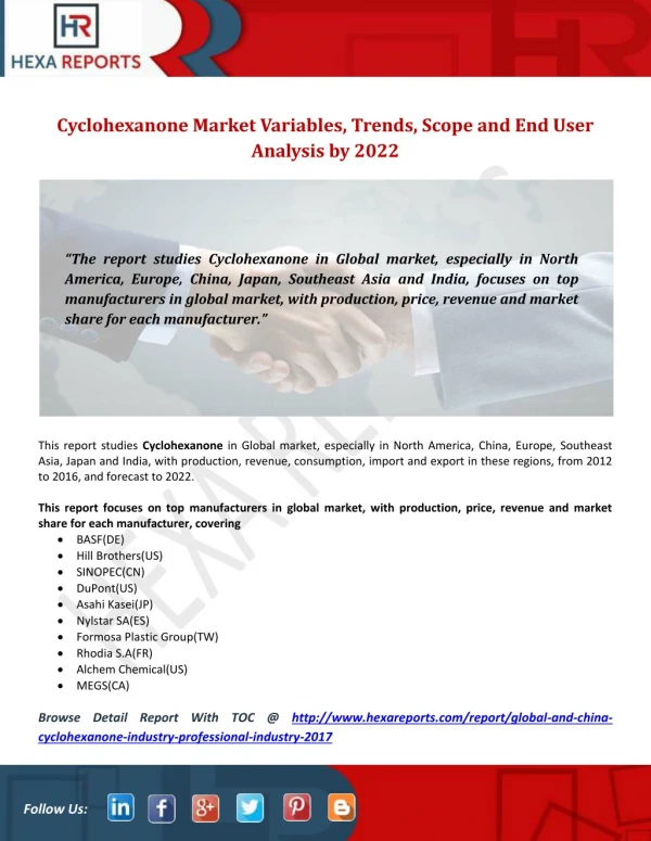 Cyclohexanone Market Variables, Trends, Scope and End User Analysis by 2022
