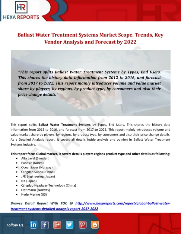 Ballast Water Treatment Systems Market Scope, Trends, Key Vendor Analysis and Forecast by 2022