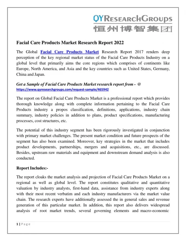 Facial Care Products Market- Analysis, Size, Growth, Trends and Forecast 2022