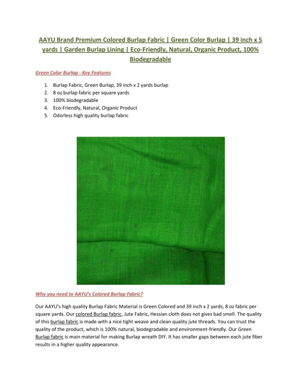 AAYU Brand Premium Colored Burlap Fabric | Green Color Burlap | 39 inch x 5 yards | Garden Burlap Lining | Eco-Friendly,