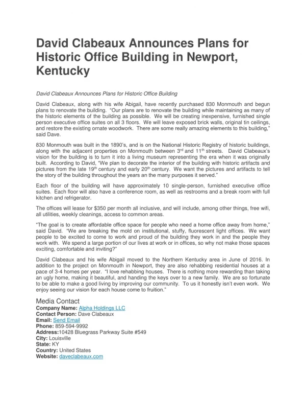 David Clabeaux Announces Plans for Historic Office Building in Newport