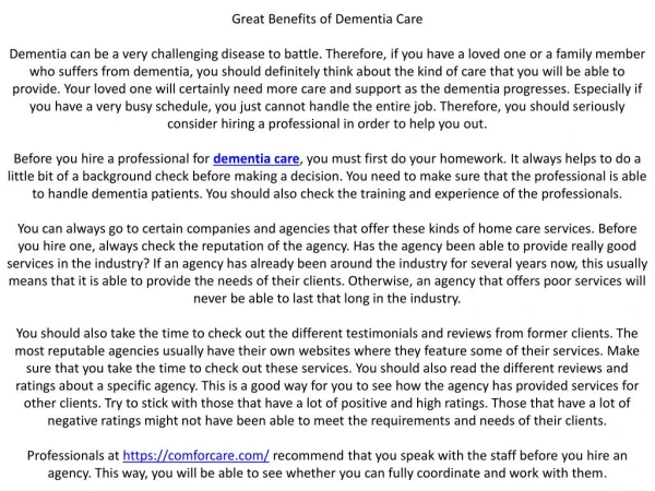Great Benefits of Dementia Care