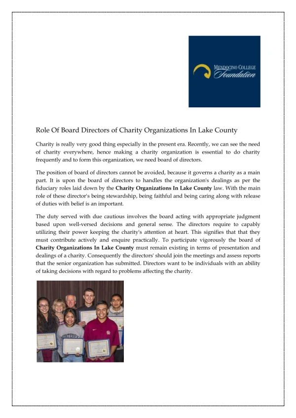 Role Of Board Directors of Charity Organizations In Lake County