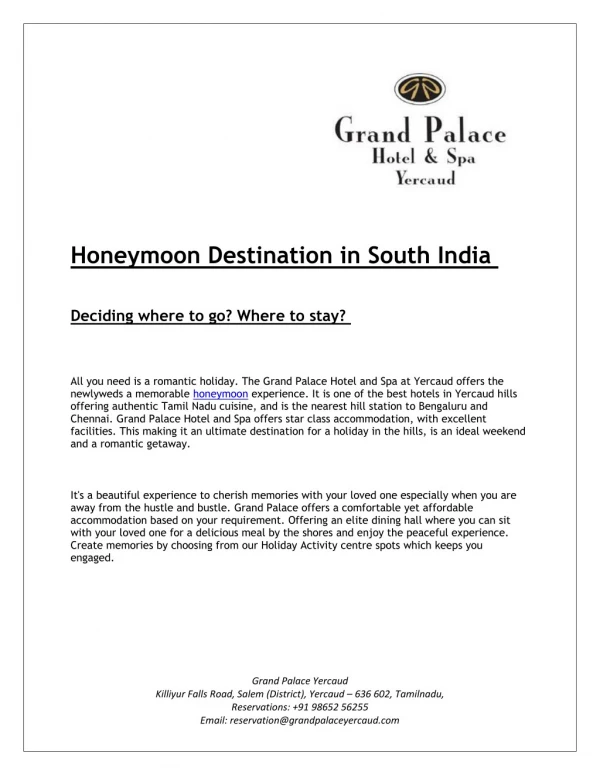 Honeymoon destination in South India