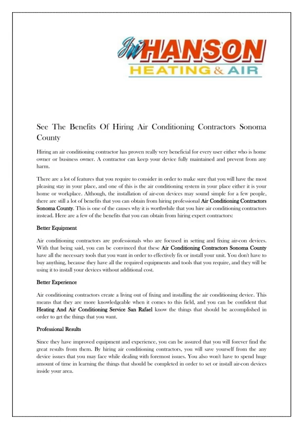 See The Benefits Of Hiring Air Conditioning Contractors Sonoma County