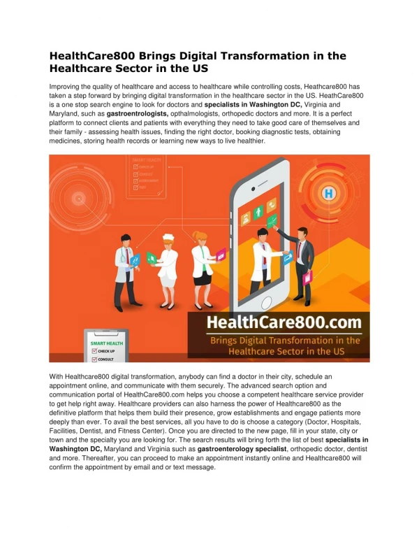 HealthCare800 Brings Digital Transformation in the Healthcare Sector in the US