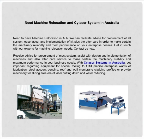 Need Machine Relocation and Cylaser System in Australia