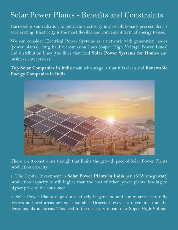 Solar Power Plants - Benefits and Constraints