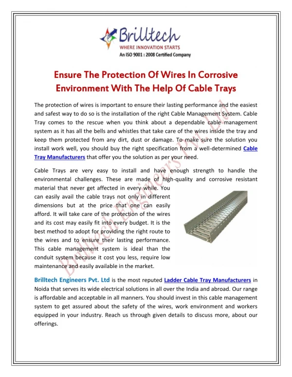 Ensure The Protection Of Wires In Corrosive Environment With The Help Of Cable Trays
