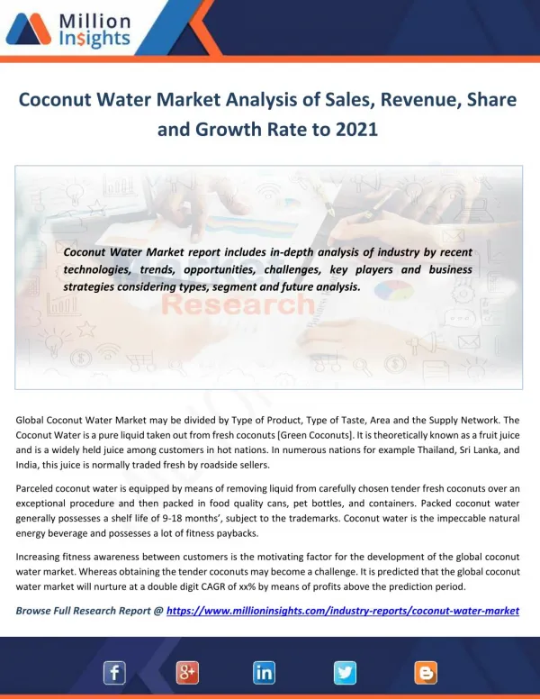 Coconut Water Market Analysis, Forecast, Growth Impact and Demand by Regions till 2021