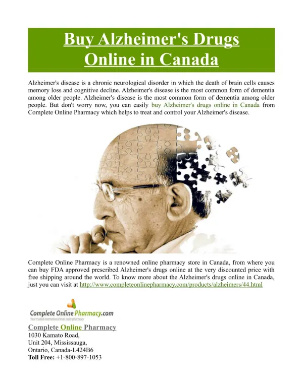 Buy Alzheimer's Drugs Online in Canada