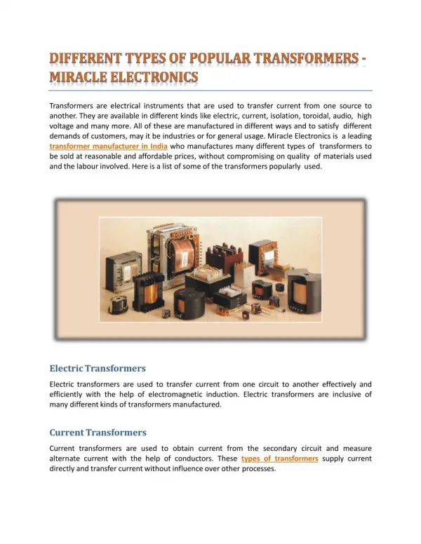 Different Types of Popular Transformers - Miracle Electronics