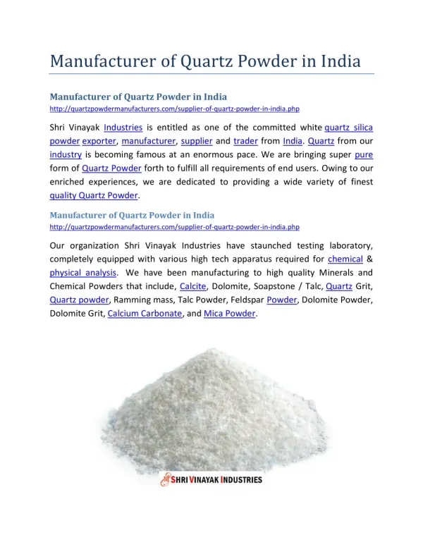Manufacturer of Quartz Powder in India