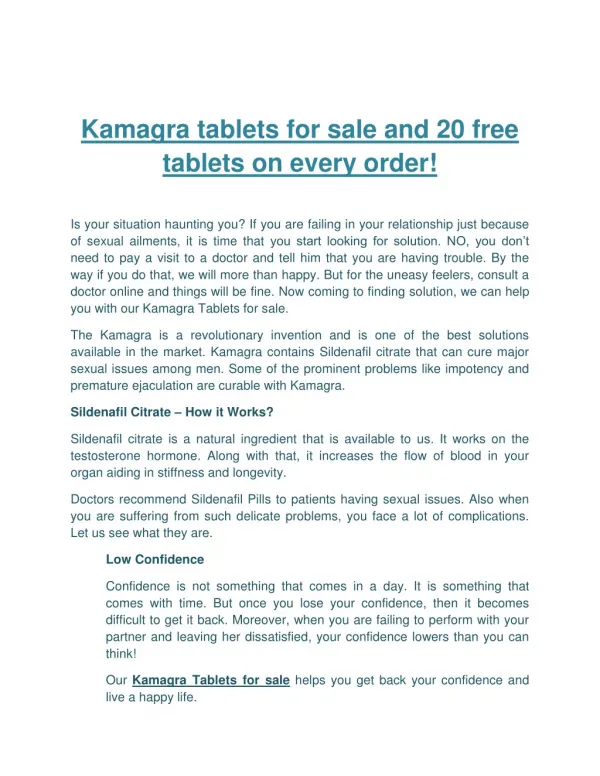 Kamagra tablets for sale and 20 free tablets on every order!