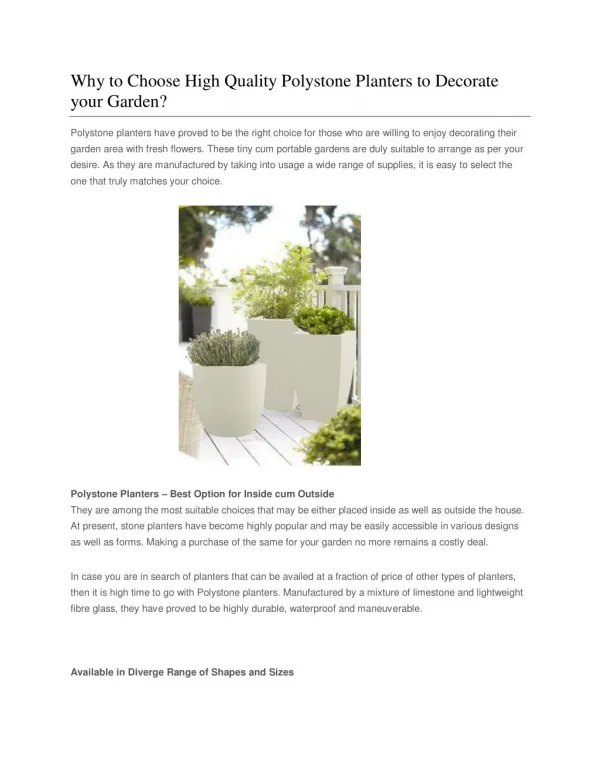 Why to Choose High Quality Polystone Planters to Decorate your Garden?