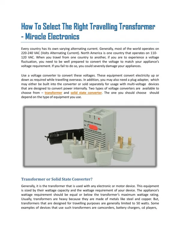 How To Select The Right Travelling Transformer? Miracle Electronics