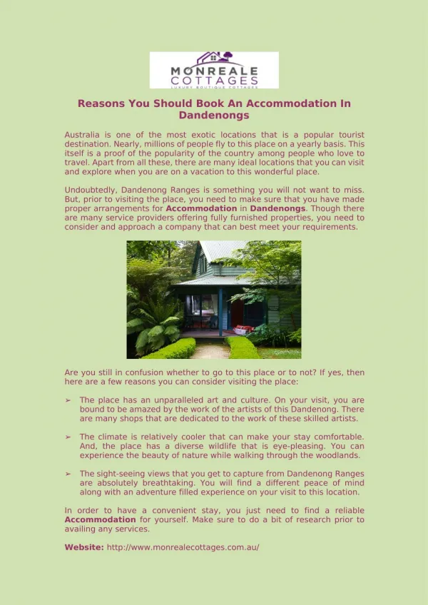 Reasons You Should Book An Accommodation In Dandenongs