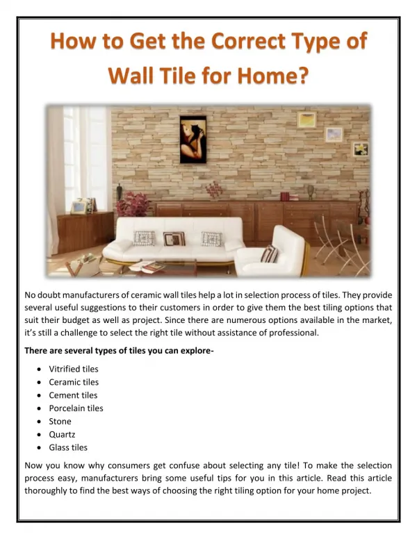 How to Get the Correct Type of Wall Tile for Home?