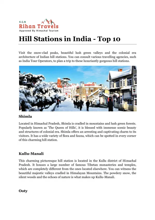 Hill Stations in India - Top 10